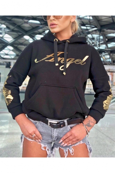 Cut Out Back Angel Letter Wing Printed Long Sleeve Hoodie With Pocket