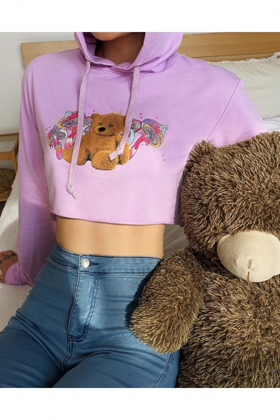 

Cute Bear Print Long Sleeves Loose Purple Crop Pullover Hoodie, LM555093