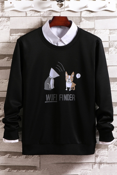 Cute Cartoon Dog Letter WIFI FINDER Printed Round Neck Long Sleeve Casual Pullover Sweatshirts