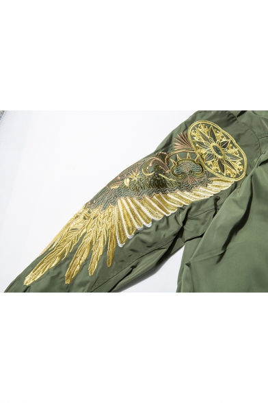 Fashion Embroidery Wing Stand Up Collar Zip Up Bomber Aviator Jacket with Pocket