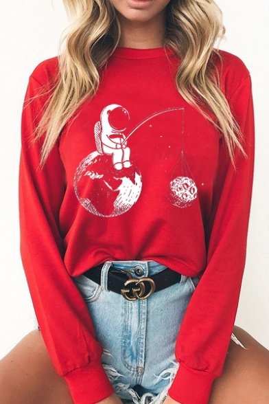 Fashion Long Sleeve Round Neck Moon Astronaut Pattern Pullover Sweatshirt