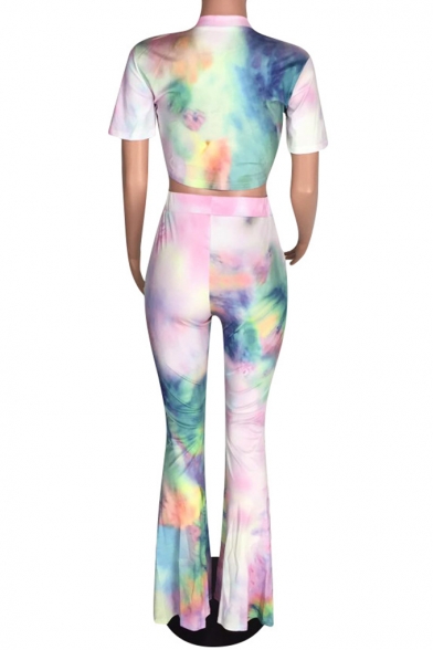Fashion Tie Dye Printed Womens Slim Crop Tee with Flared Pants Two-Piece Set