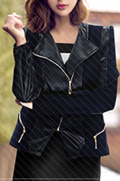 Female Elegant Black Lapel Collar Long Sleeve Zipper Leather Jacket with Zipper Trim