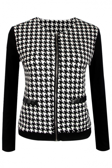 Female Fashion Houndstooth Panel Fitted Zip Up Black Jacket Coat with Pockets