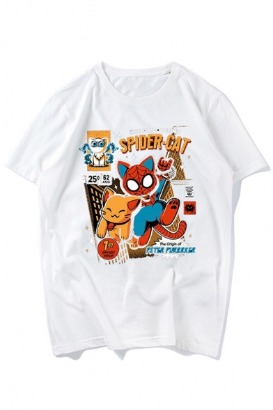 Funny Cartoon Spider Cat Printed Round Neck Short Sleeve White T-Shirt