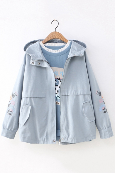 Girls Preppy Style Chic Floral Embroidery Long Sleeve Hooded Zip Up Jacket