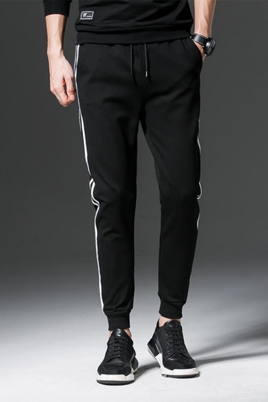 Guys Simple Fashion Contrast Stripe Side Black Drawstring Waist Casual Sweatpants