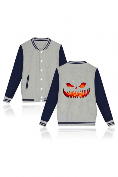 Guys Stylish Cool Halloween Fire Pumpkin Printed Stand Collar Long Sleeve Casual Baseball Jacket