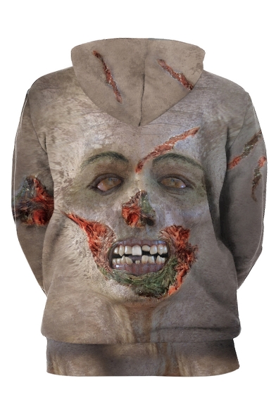 Halloween New Fashion Horrifying Zombie 3D Printed Long Sleeve Khaki Drawstring Hoodie