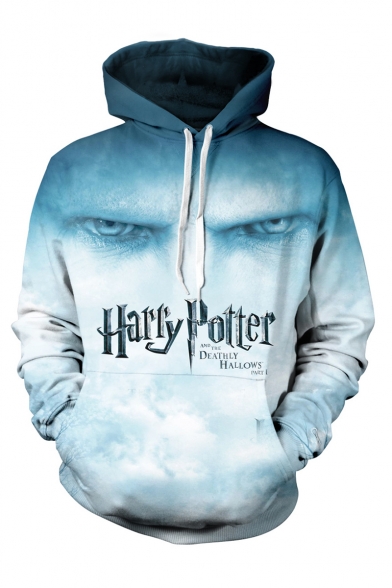 Harry Potter Letter Figure Eye 3D Printed Long Sleeve Blue Loose Pullover Hoodie