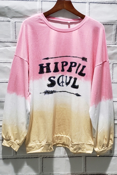 HIPPIE SOUL Letter Print Round Neck Color Block Long Sleeve Sweatshirt
