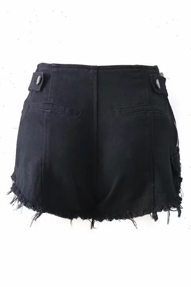 Hot Fashion Black High Waist Washed Zip Front Raw Hem Slim Fit Denim Shorts