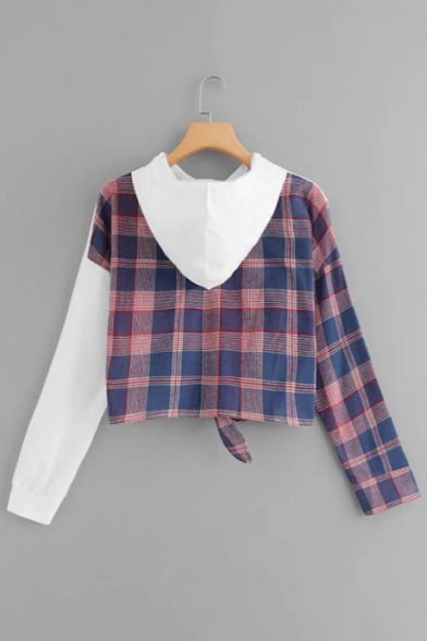 Hot Fashion Plaids Pattern Long Sleeves Pullover Cropped Drawstring Hoodie