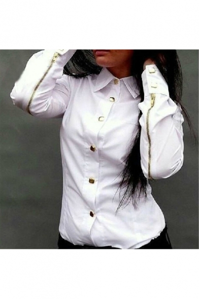 Hot Fashion Plain Lapel Collar Zipped Long Sleeve Buttons Down Studded Embellished Shirt