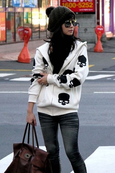 

Hot Fashion Skull Printed Long Sleeve Zip Up Hoodie With Pockets, Black;white, LM555108