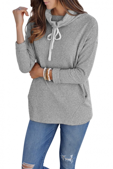 Hot Popular Gray Plain High Neck Long Sleeve Pullover Sweatshirt With Pockets