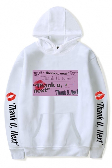 Hot Trendy Womens Long Sleeve THANK U NEXT Letter Lip Printed Pullover Hoodie with Pocket