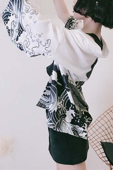 Japan Style Women Casual Dragon Printed Kimono Haori Jacket Coat