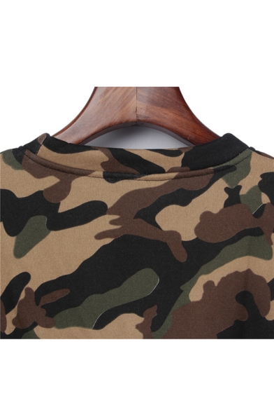 Ladies Camouflage Printed Long Sleeve Round Neck Crop Tops with Sport Elastic Loose Pants Co-ords