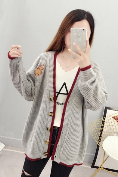 Ladies Lovely Campus Style Elephant Embroidered Patterns V Neck Long Sleeve Cardigan