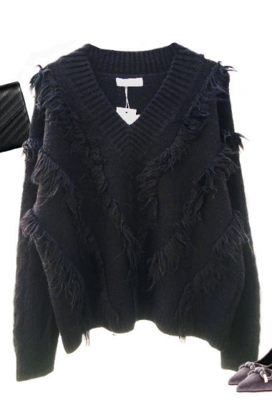 Ladies Stylish Plain Tassel Print V-Neck Long Sleeve Loose Sweater