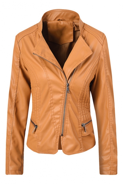 Lady Fashion Plain Lapel Collar Long Sleeve Zip Front PU Motorcycle Jacket
