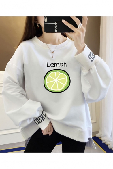Lemon Letter Lemon Printed Round Neck High Low Long Sleeve Loose Pullover Sweatshirt