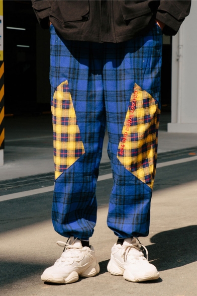 Men's New Fashion Colorblock Plaid Letter Printed Loose Fit Trendy Drawstring Track Pants