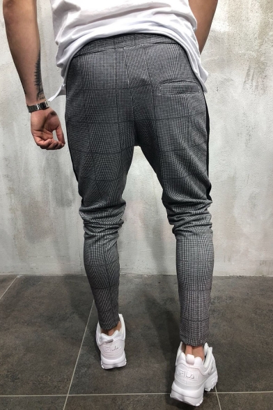 Men's New Fashion Stripe Plaid Pattern Zipped Pocket Drawstring Waist Casual Slim Pencil Pants