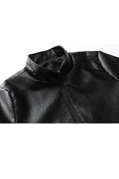 Men's New Trendy Simple Stand Collar Long Sleeve Zip Up Casual Fitted Leather Jacket