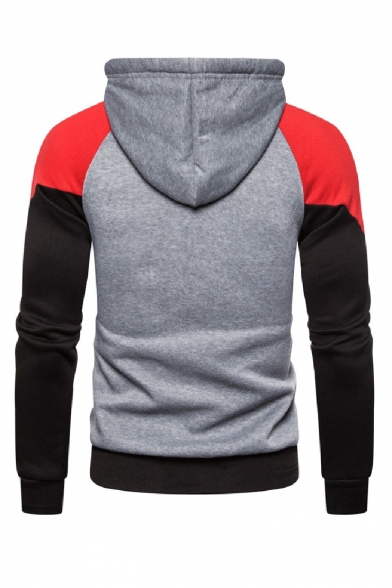 Men's Popular Fashion Colorblock Pacthed Long Sleeve Drawstring Hooded Casual Sports Pullover Hoodie with Pocket