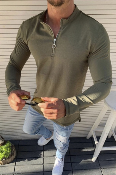 Men's Trendy Simple Plain Stand Collar Long Sleeve Zip Front Basic T-Shirt