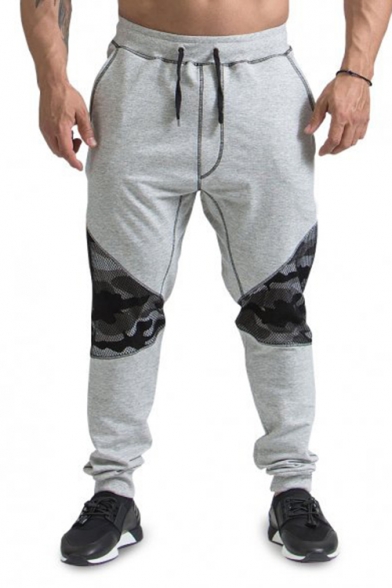 Mens New Stylish Colorblock Camouflage Mesh Patched Drawstring Waist Casual Sports Joggers Sweatpants