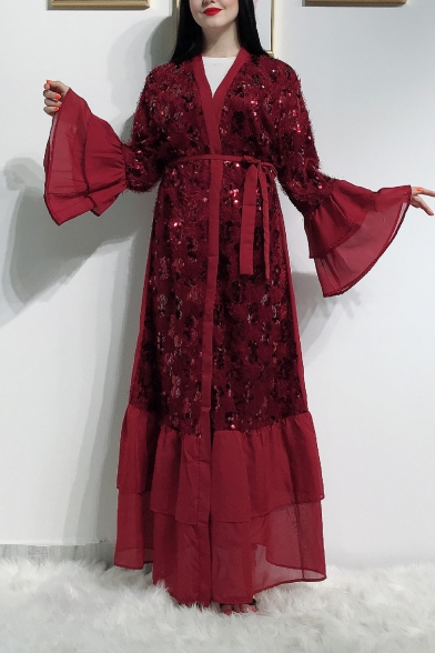 Moslem Bell-Cuff Bow-Tied Waist Sequined Panelled Ruffles Floor Length Maxi Cardigan Dress