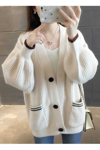 New Arrival Autumn Winter Plain V Neck Bloomer Sleeve Cardigan with Pockets for Women