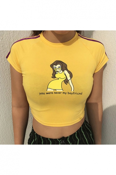 New Arrival Comic Girl Letter YOU WERE NEVER MY BOYFRIEND Print Round Neck Short Sleeve Yellow Cropped Tee