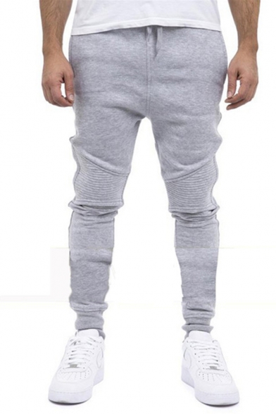 New Arrival Stylish Knee Pleated Patched Simple Plain Drawstring Waist Mens Casual Cotton Sweatpants Sports Pencil Pants