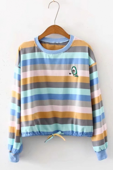 New Fashion Avocado Embroidered Round Neck Long Sleeve Colorful Striped Sweatshirt