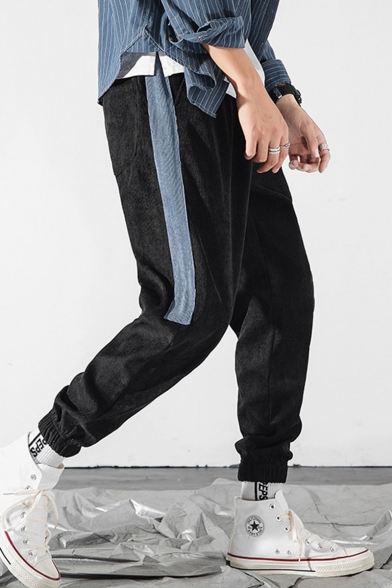 New Fashion Colorblock Patched Side Loose Fit Elastic Cuffs Mens Black Casual Sports Corduroy Tapered Pants