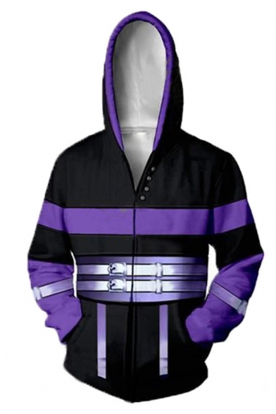 New Fashion Game Theme Color Block 3D Pattern Black and Purple Zip Up Comic Cosplay Hoodie