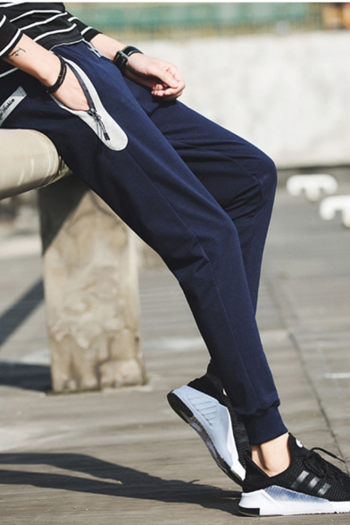 New Fashion Simple Plain Zipped Pocket Drawstring Waist Men's Casual Sports Sweatpants