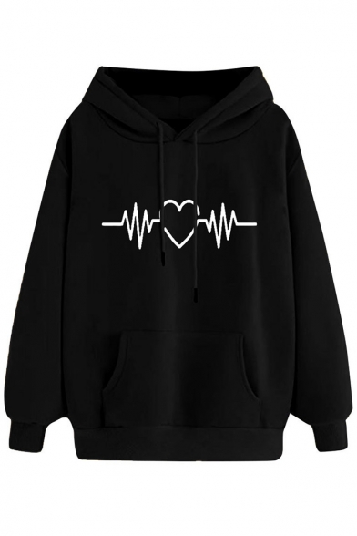 New Popular Funny Cardiogram Love Heart Printed Long Sleeve Hoodie With Pocket