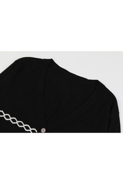 New Stylish Black Colorblocked Flared Long Sleeve Ruffled Hem Cardigan Knitwear