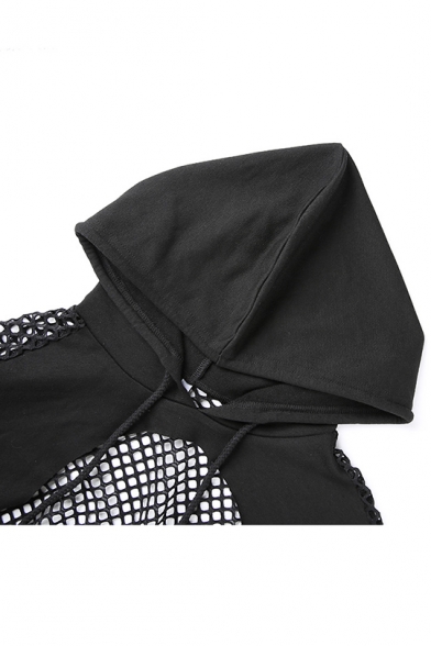 New Stylish Black Sexy Sheer Mesh Panel Long Sleeve Drawstring Hood Cropped Hoodie