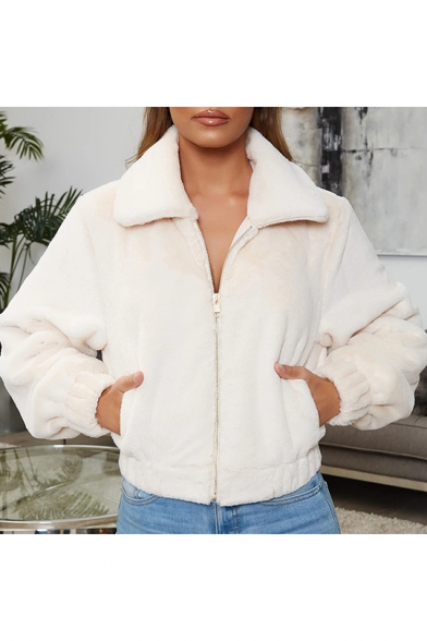 New Stylish Plain Lapel Collar Long Sleeve Faux Fur Cropped Coat with Pockets