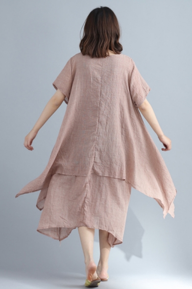 New Stylish Plain Round Neck Short Sleeve Layered Fake Two-Piece Maxi Linen Dress