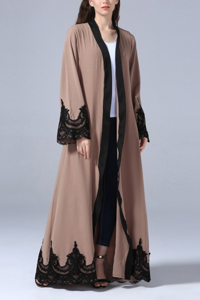 New Stylish Womens Long Sleeve Lace Panelled Bow-Tied Waist Floor Length Maxi Cardigan Dress