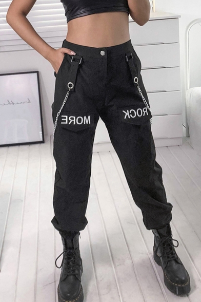 New Trendy High Waist Zippered Letter chain Elastic Ankle Detail Loose Cargo Pants