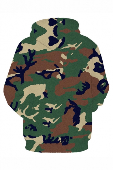 Popular Comic Camouflage Printed Long Sleeve Loose Fit Army Green Drawstring Pullover Hoodie