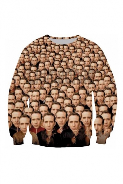 Popular Famous Actor Figure 3D Printed Round Neck Long Sleeve Khaki Pullover Hoodie